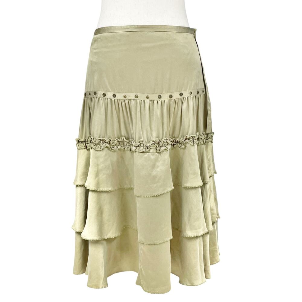 KAREN MILLEN ENGLAND Tiered Silk Midi Skirt Ruffles Grommets Size 8 Sage Green